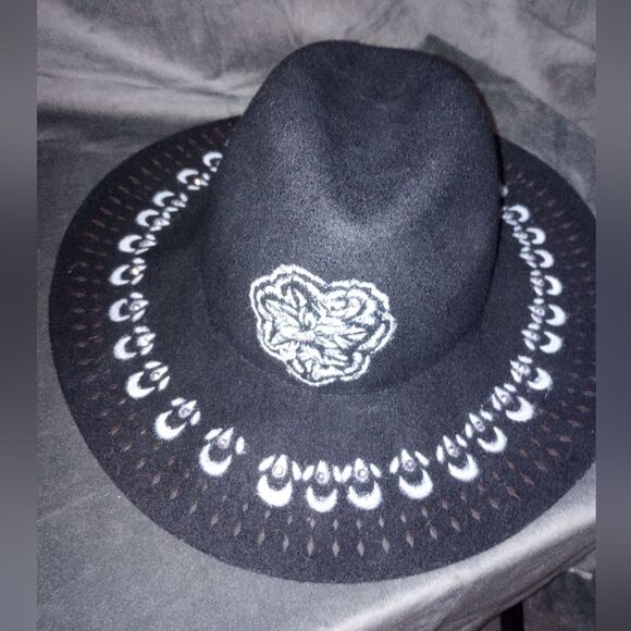 Hand Painted Black Wool Floppy Brim Fedora Hat with Bling - Picture 2 of 7